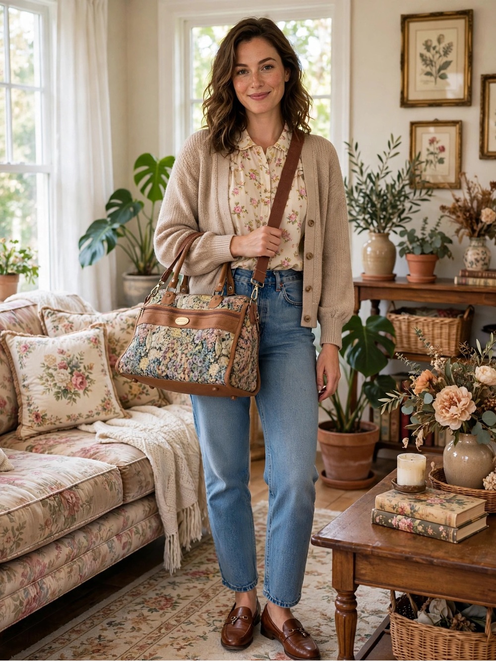 Vintage Sasson Floral Tapestry Carpet Bag Duffel Weekender Travel Shoulder Bag